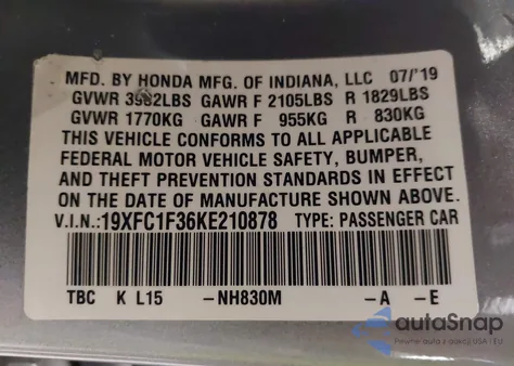 2019 Honda Civic Ex z USA, uszkodzony, nr VIN 19XFC1F36KE210878